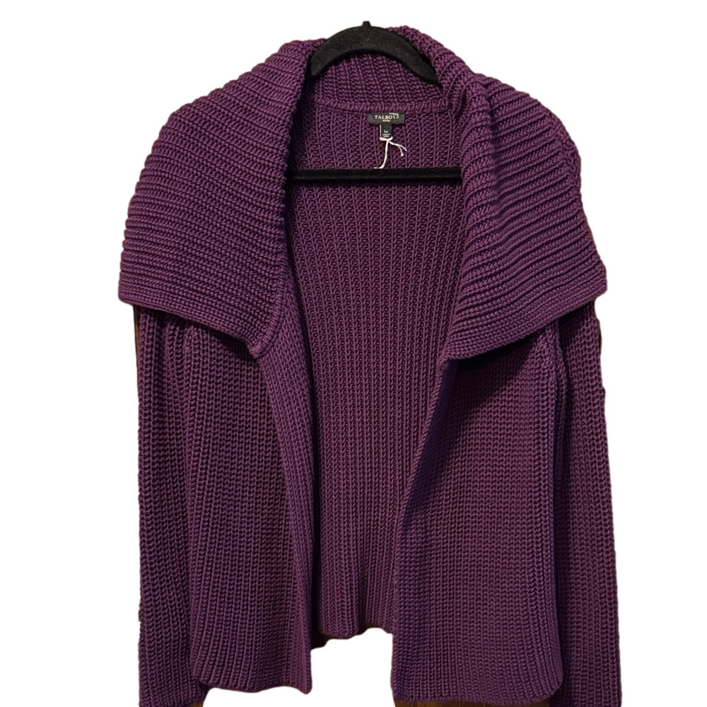 Talbots Deep Purple 100% Cotton Thick Knit Oversized Collar Cardigan Sweater